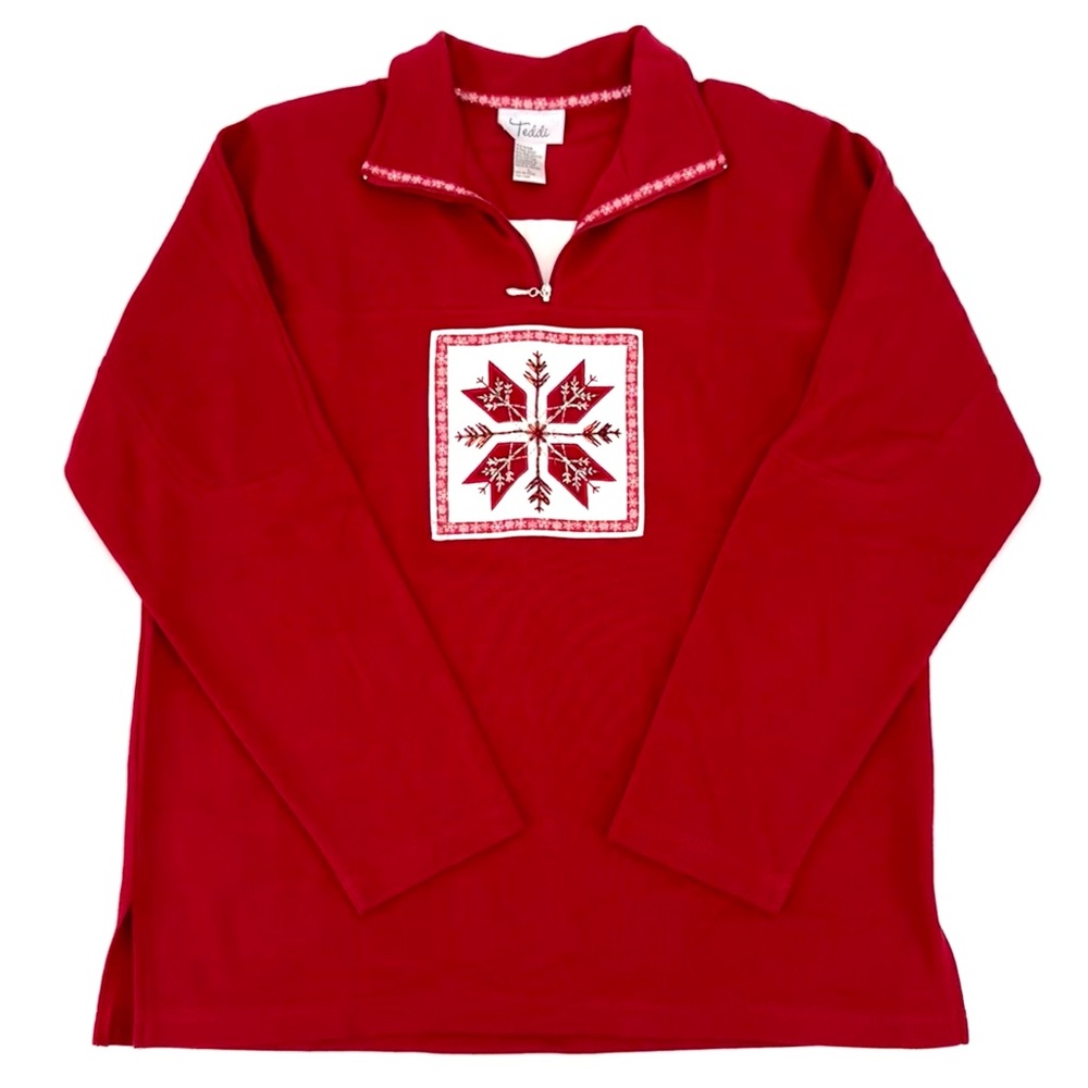 VTG Teddi Snowflake Beaded Motif Ribbed Quarter-zip Ribbed Top